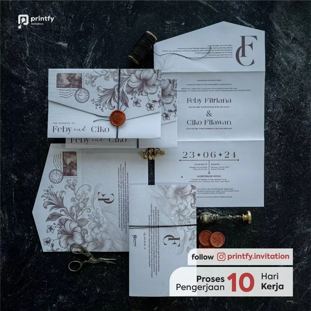 Undangan Pernikahan Aesthetic Soft 1 Printfy dengan Wax Seal dan Tali Nilon